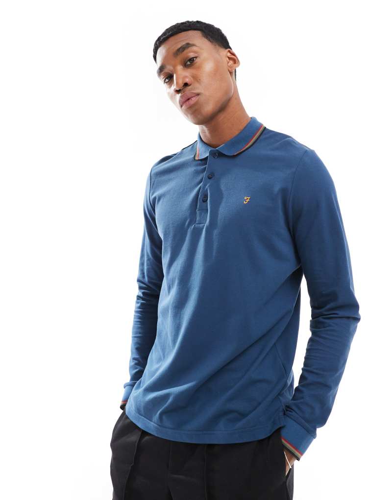 Farah alvin long sleeve tipped polo in blue Farah