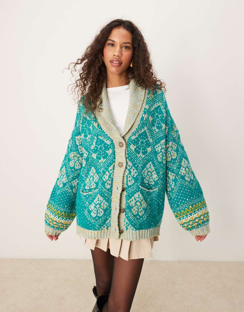 Женский Кардиган Free People Oversized Intarsia Зеленый Free People