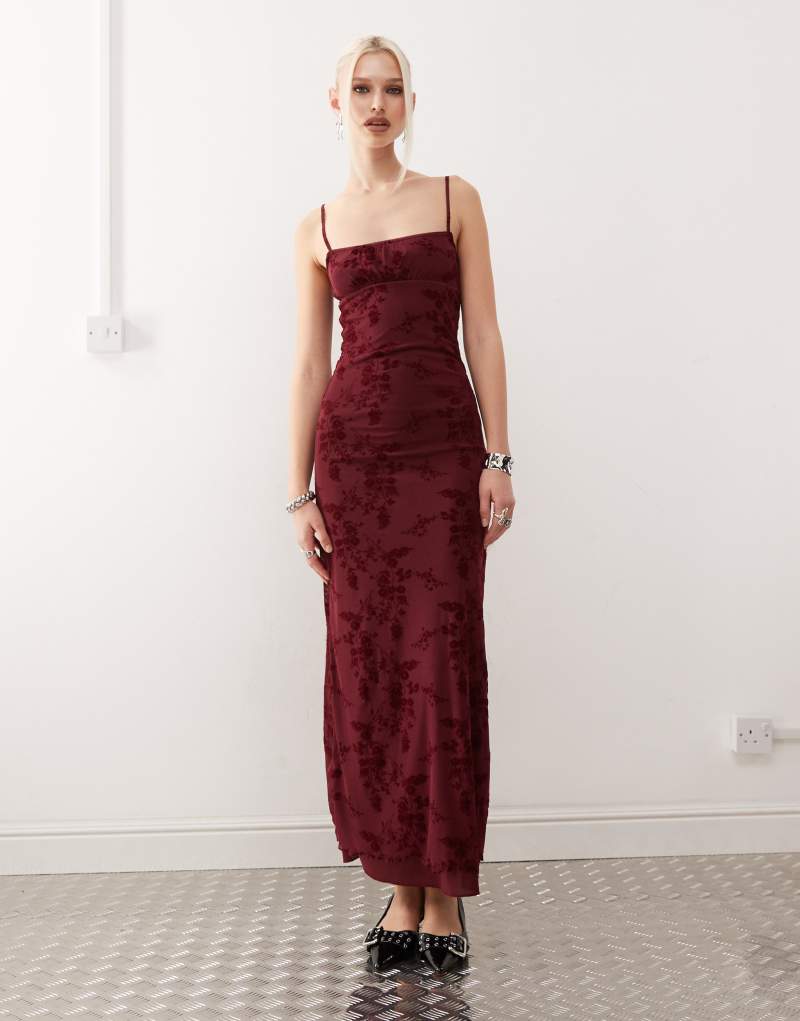 Motel darsih flocked floral maxi cami dress in burgundy Motel