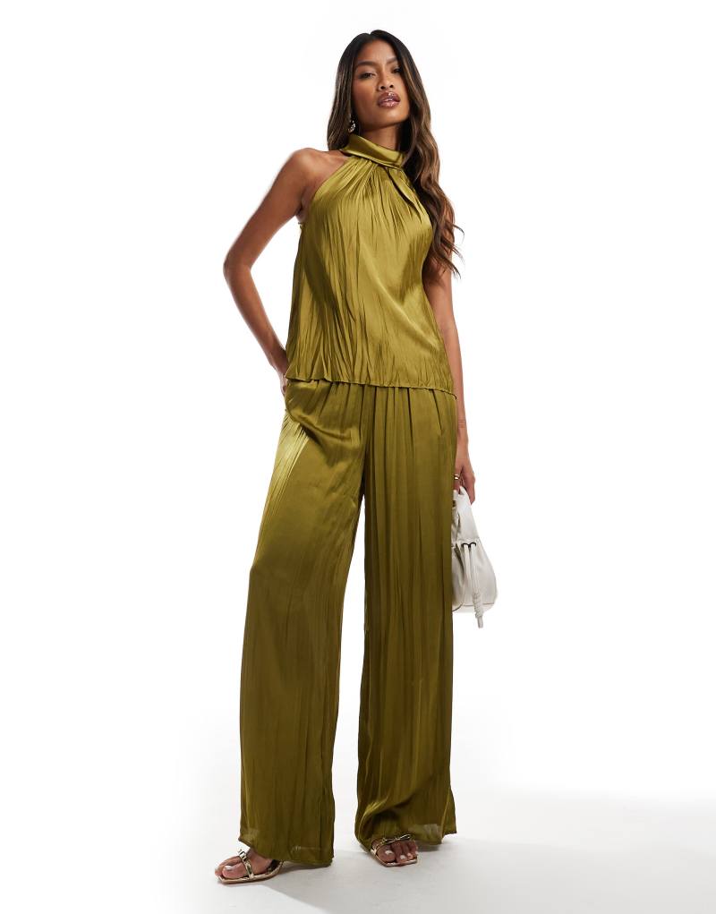 Женские Повседневные брюки River Island plisse satin wide leg pants в хаки - часть комплекта RIVER ISLAND