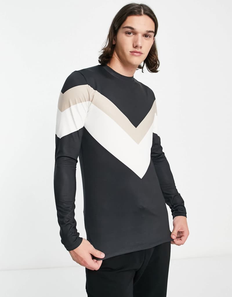 Мужская Футболка SOUTH BEACH Ski Fleece Back Long Sleeve V Stripe Top in Black SOUTH BEACH