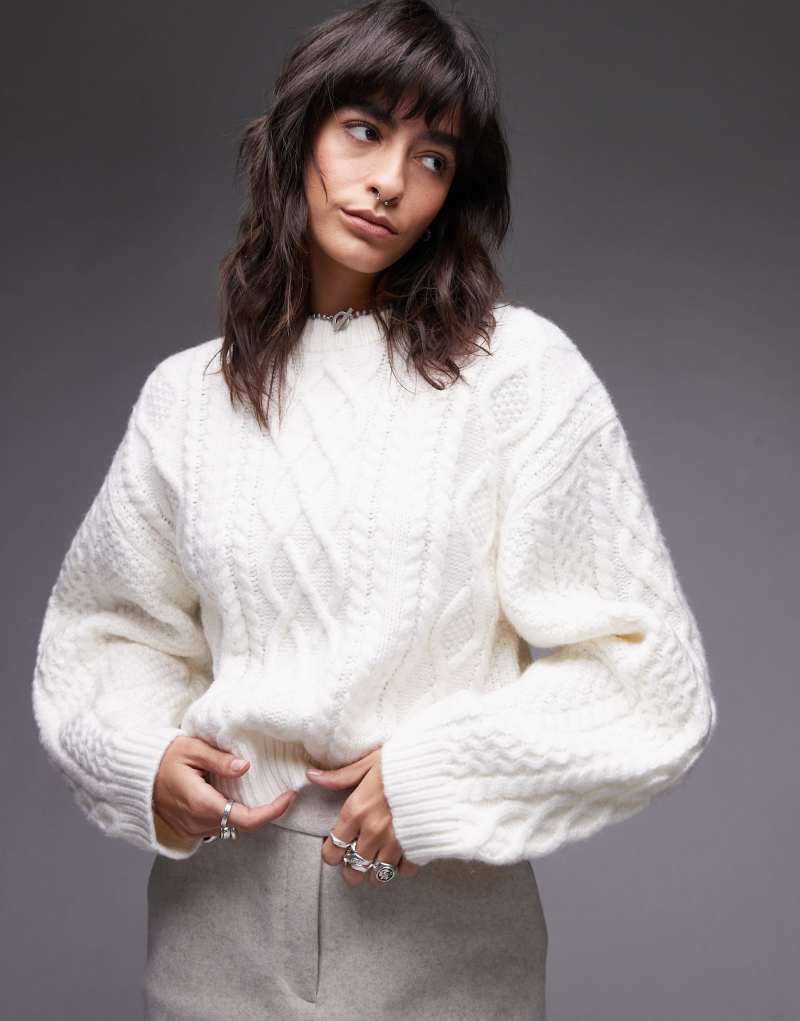 Женский Свитер TOPSHOP Curved Sleeve Cable Knit Oversized в цвете слоновая кость TOPSHOP