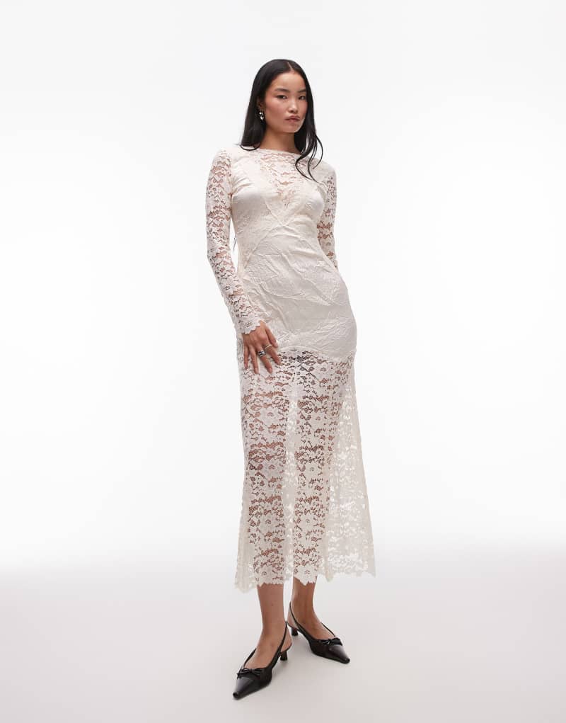 Женское Платье Topshop long sleeve vintage crinkle satin and lace mix maxi dress in ivory TOPSHOP