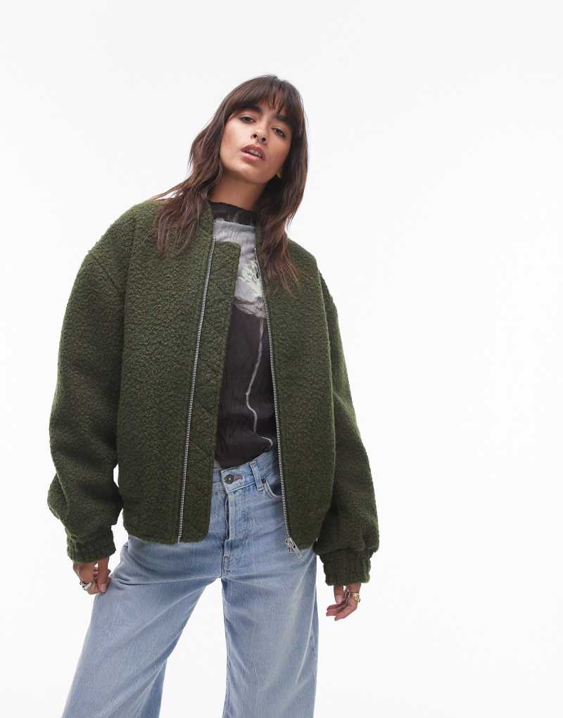 Женская Повседневная Куртка TOPSHOP Boucle Bomber в Хаки TOPSHOP