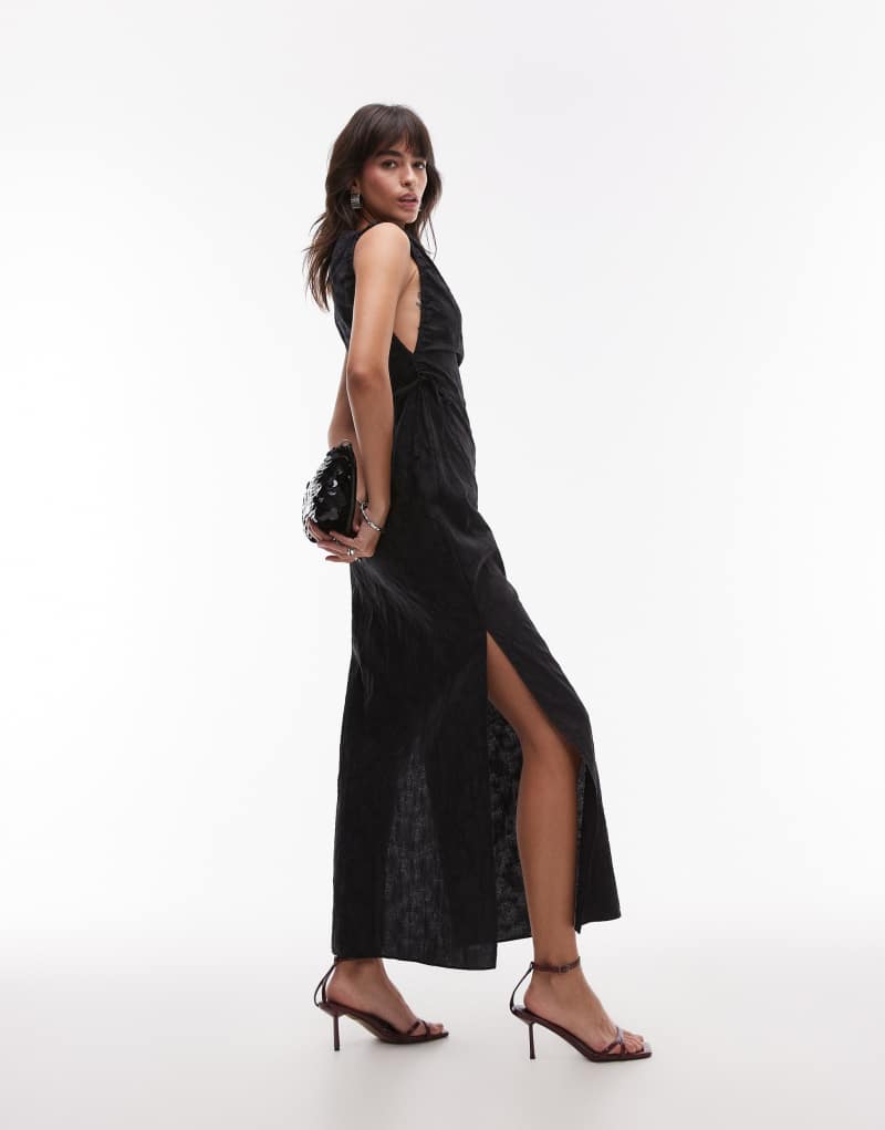 Женское Платье TOPSHOP Slash Neck Ruched Side Maxi в черном жаккарде TOPSHOP