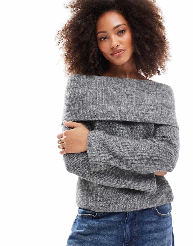 Женский Свитер VERO MODA Slouchy Off Shoulder в Среднем Сером Меланже VERO MODA