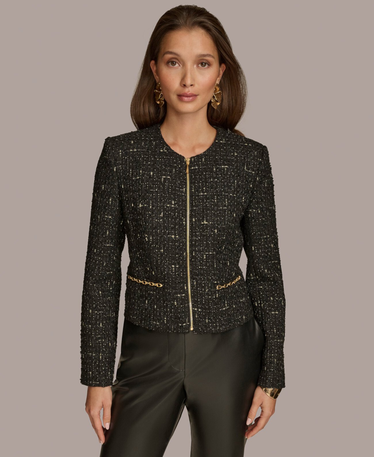 Женская Повседневная Куртка Donna Karan New York Zipper-Front Tweed Jacket Donna Karan New York