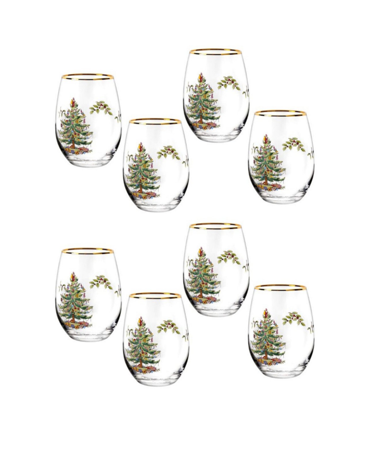 Christmas Tree Stemless Wine Glasses, Set of 8 Spode