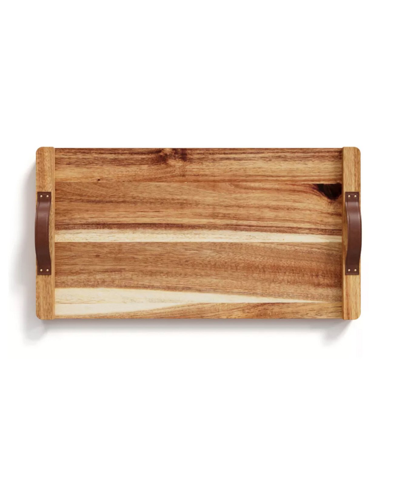 Rectangular Acacia Wood Tray with Leather Handles American Atelier