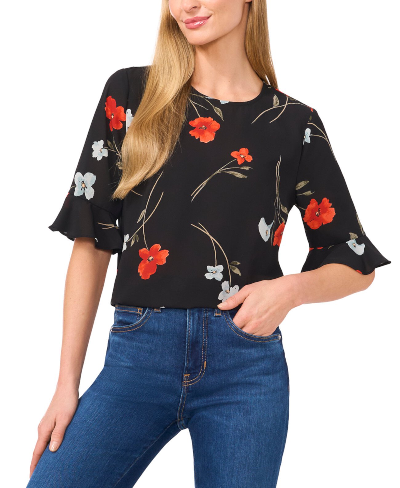 Женская Блузка CeCe Ruffled-Sleeve Floral Crewneck CeCe