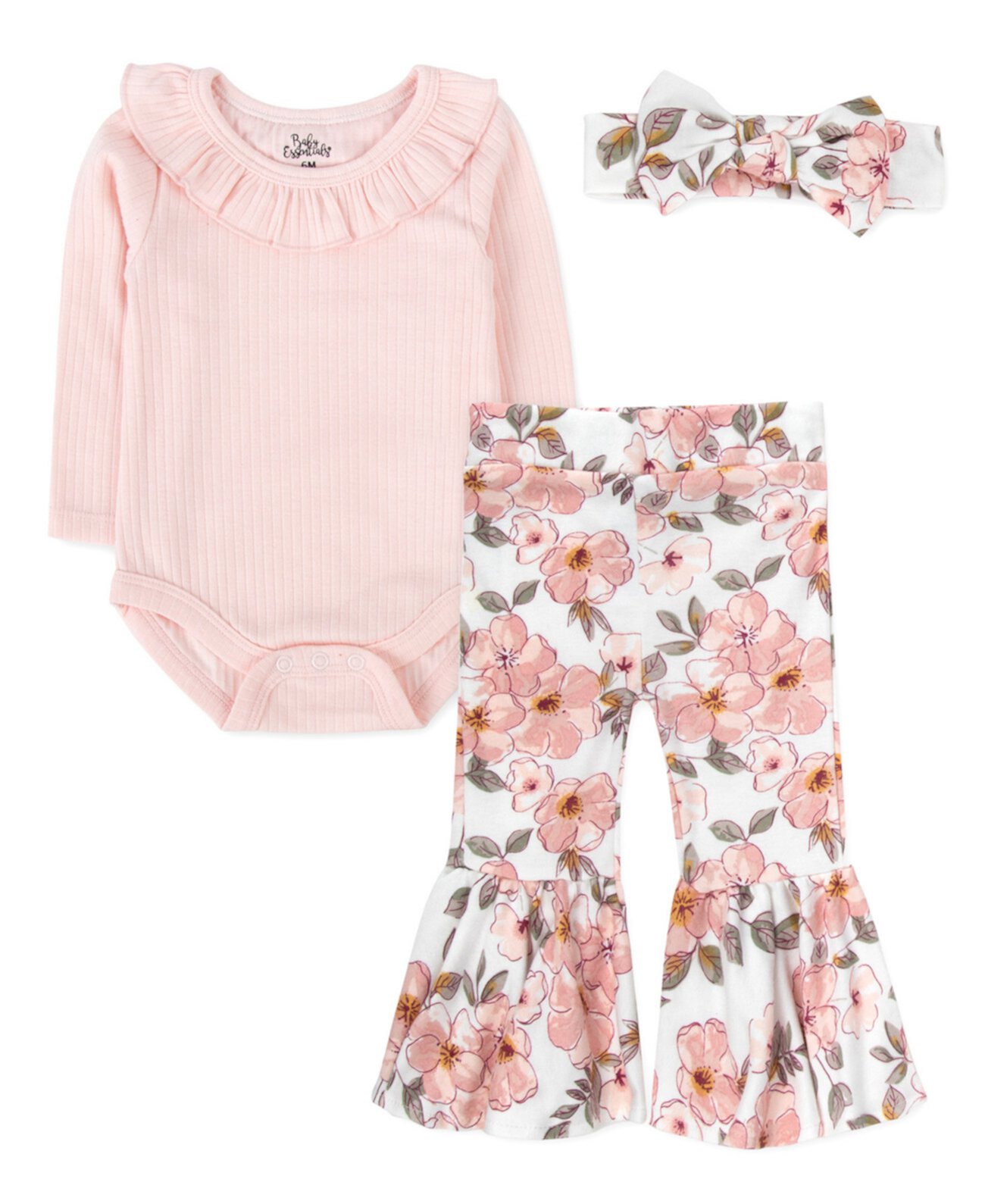 Детские комплекты одежды Baby Essentials Baby Girl Bodysuit, Floral Bell Bottom Pant & Headband, 3-Piece Set Baby Essentials