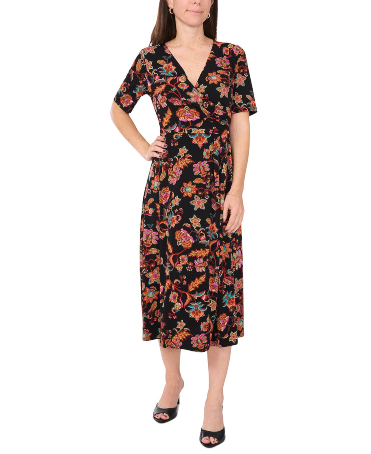 Женское Платье MSK Petite Printed Faux-Wrap Short-Sleeve Midi MSK