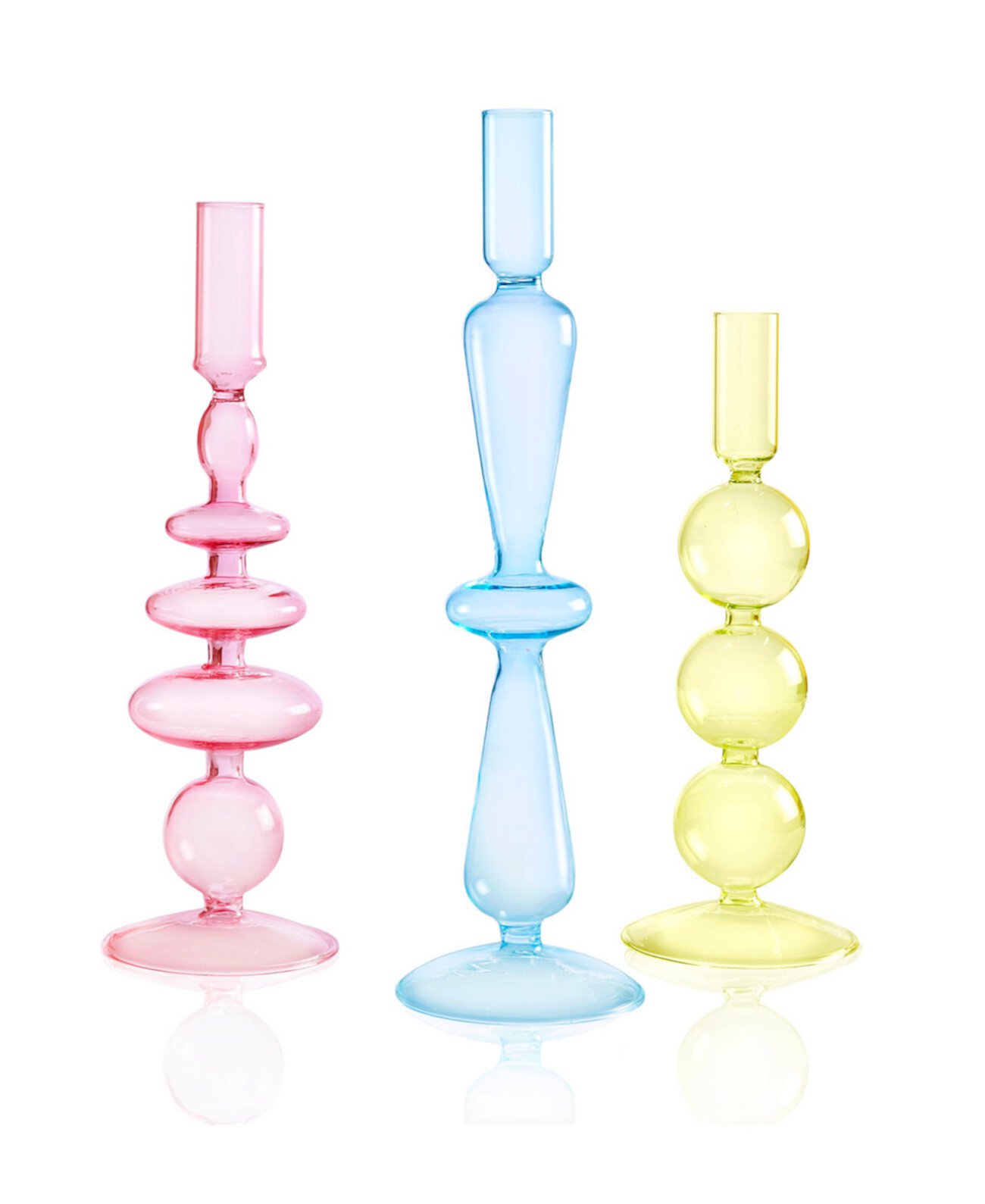 Aurora Glass 3- Piece 9.5", 11", 12" Tall Assorted Color Candlesticks Qualia Glass