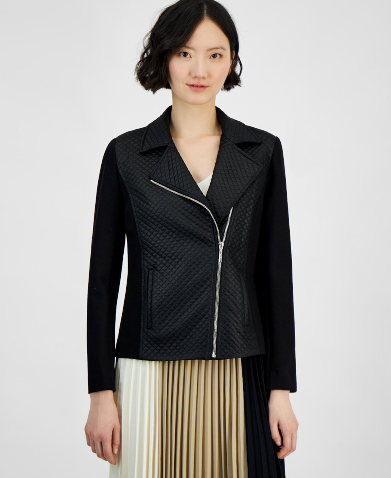 Женская Кожаная Куртка Anne Klein Women's Mixed-Media Asymmetric-Zip Jacket Anne Klein