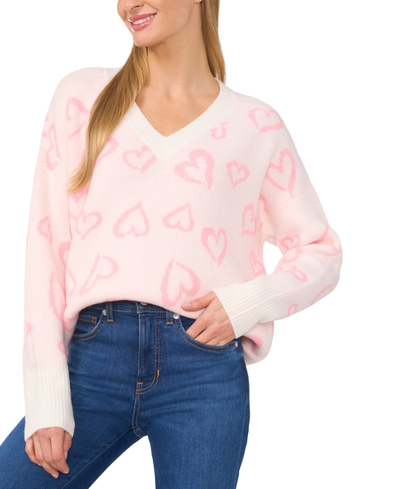 Женский Свитер CeCe Hearts Long-Sleeve V-Neck CeCe