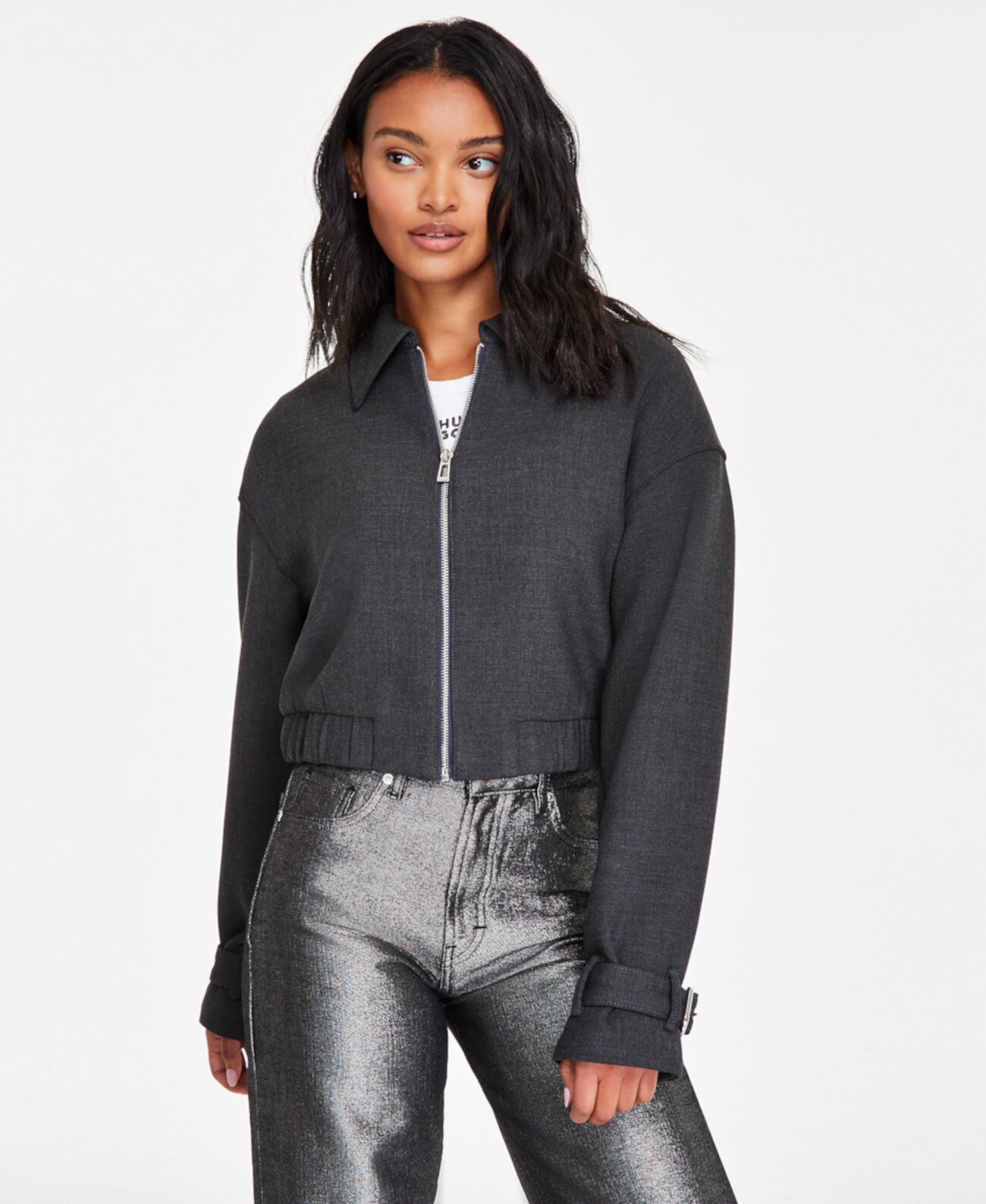 Women's Zip-Front Belted-Cuff Cropped Jacket HUGO BOSS