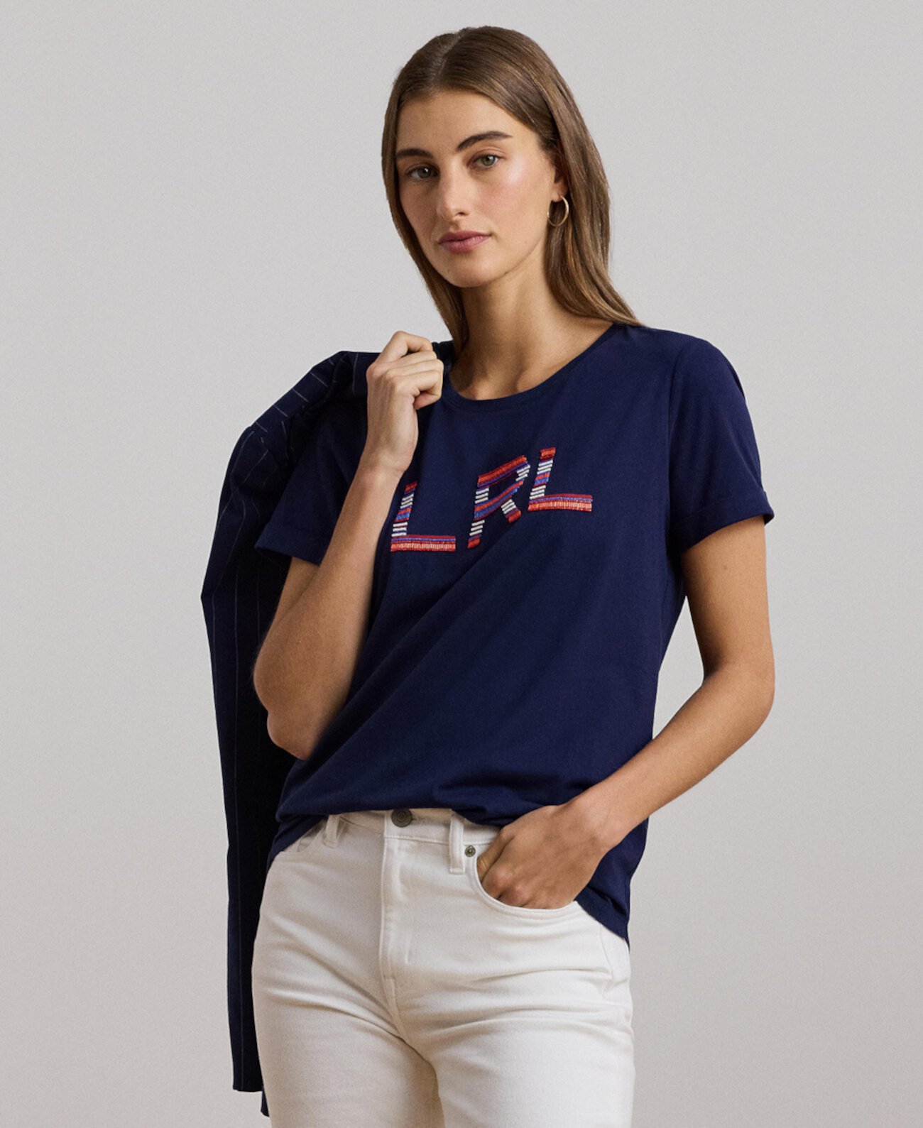 Женская хлопковая футболка с логотипом LRL из страз в свободном крое LAUREN Ralph Lauren