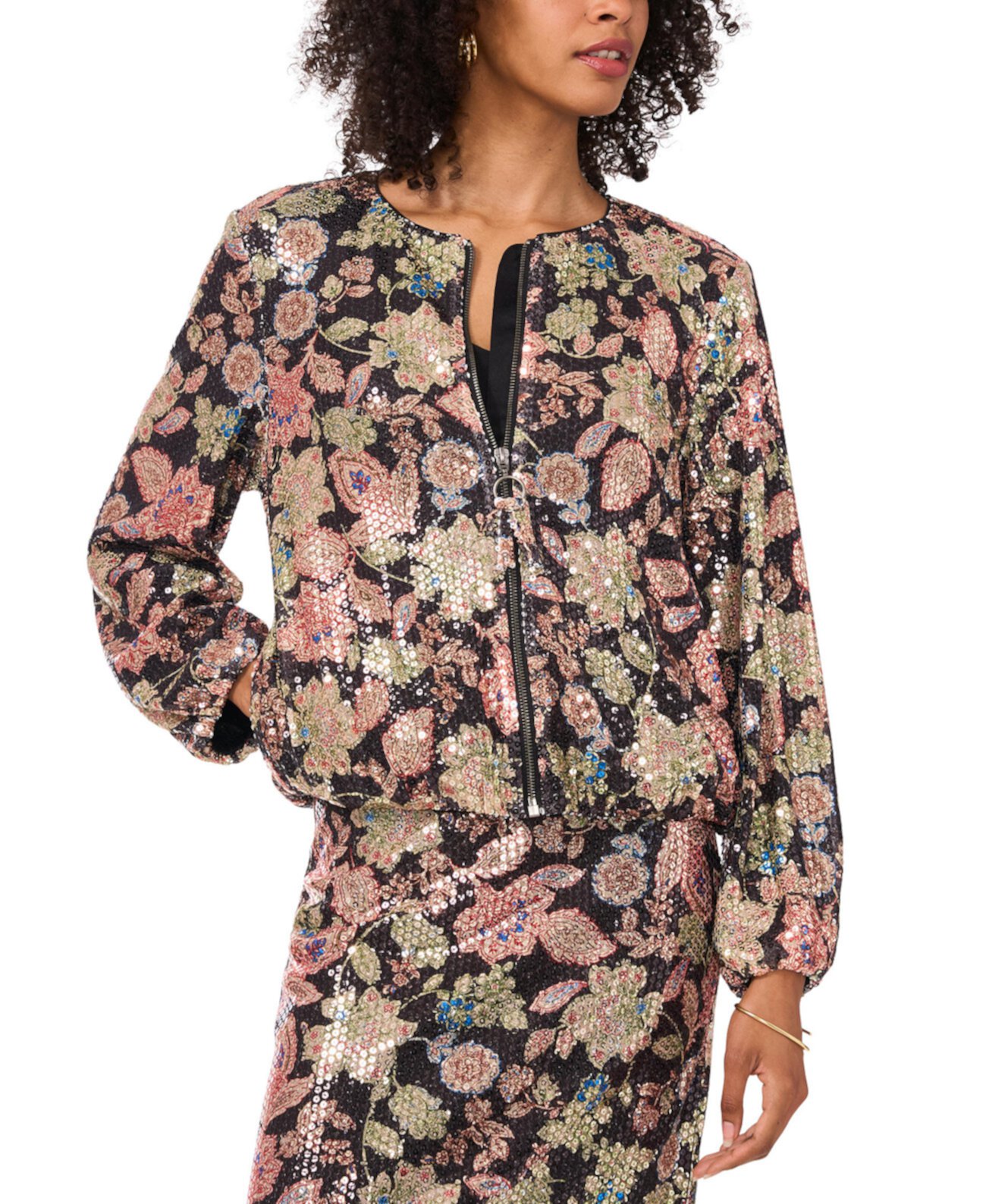 Women's Floral-Print Sequined Zip Jacket Vince Camuto