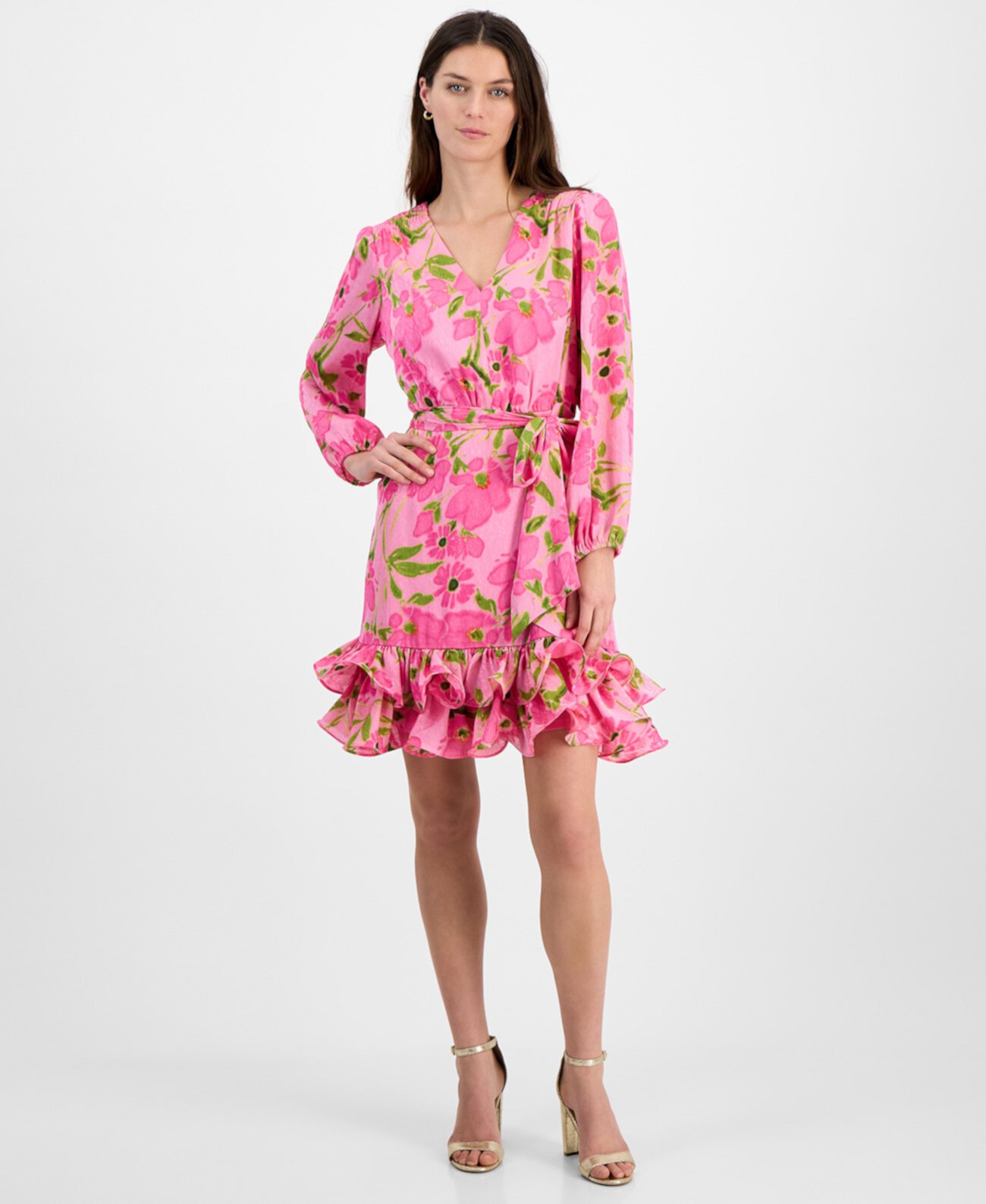 Женское Платье Taylor Petite Floral-Print Double-Flounce V-Neck Taylor