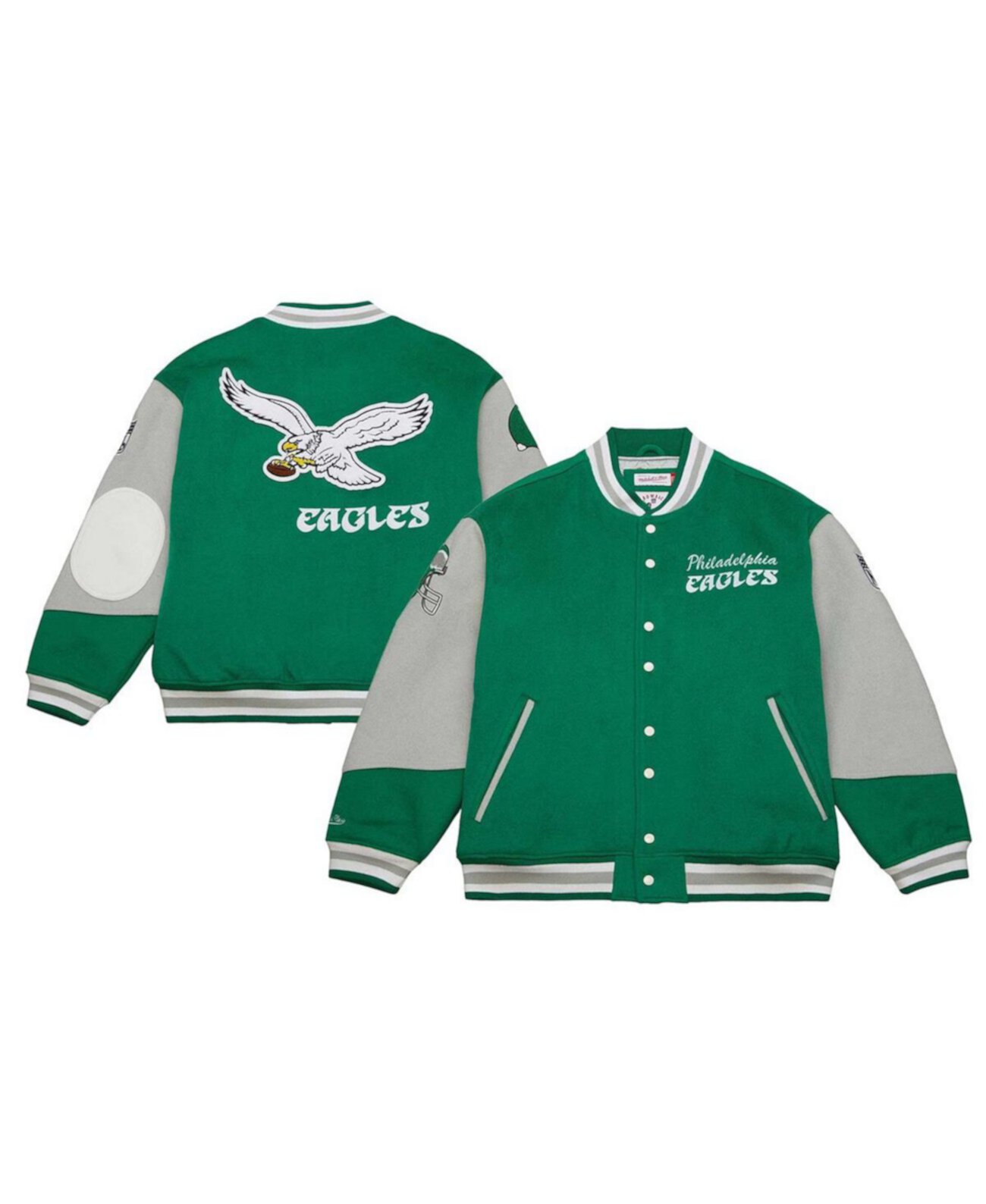 Мужская и Женская Повседневная куртка Mitchell & Ness Kelly Green Distressed Philadelphia Eagles Varsity Team Full-Snap Mitchell & Ness