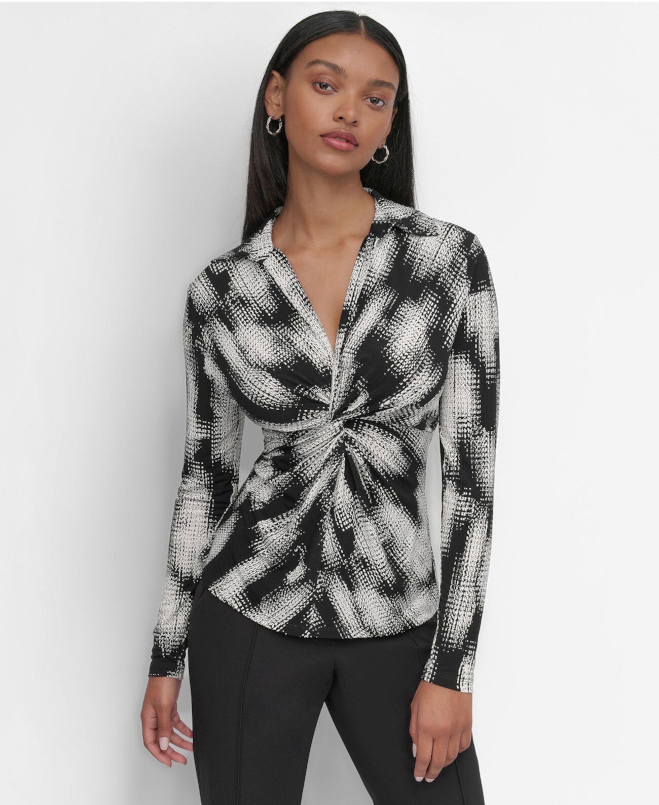 Женская Блузка DKNY Petite Twist-Front Collared Abstract-Print Top DKNY