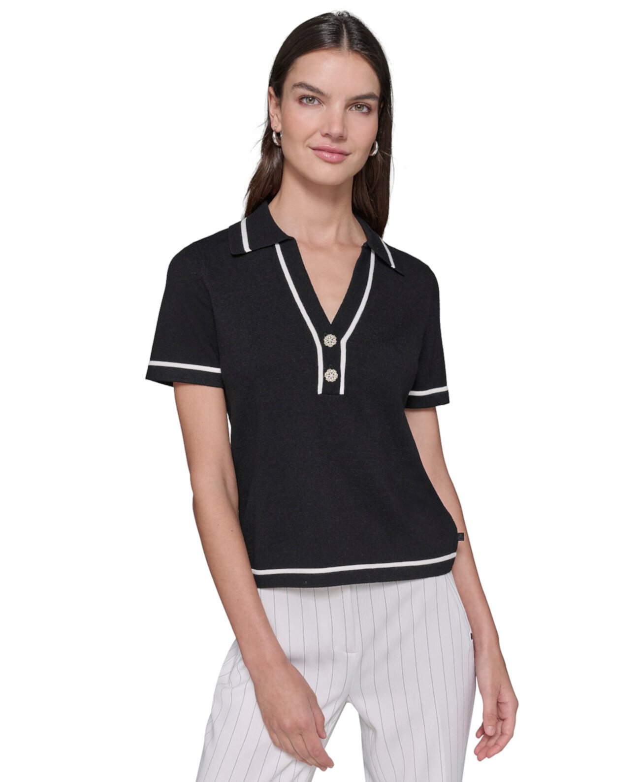 Женский Свитер Karl Lagerfeld Paris Petite Polo-Collar Short-Sleeve Karl Lagerfeld Paris