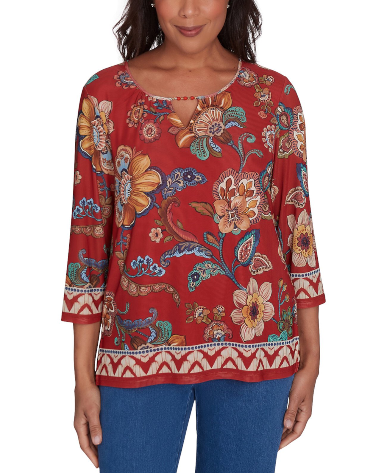 Женская Блузка Alfred Dunner Petite Harvest Moon Floral-Border Mesh Split-Neck Alfred Dunner