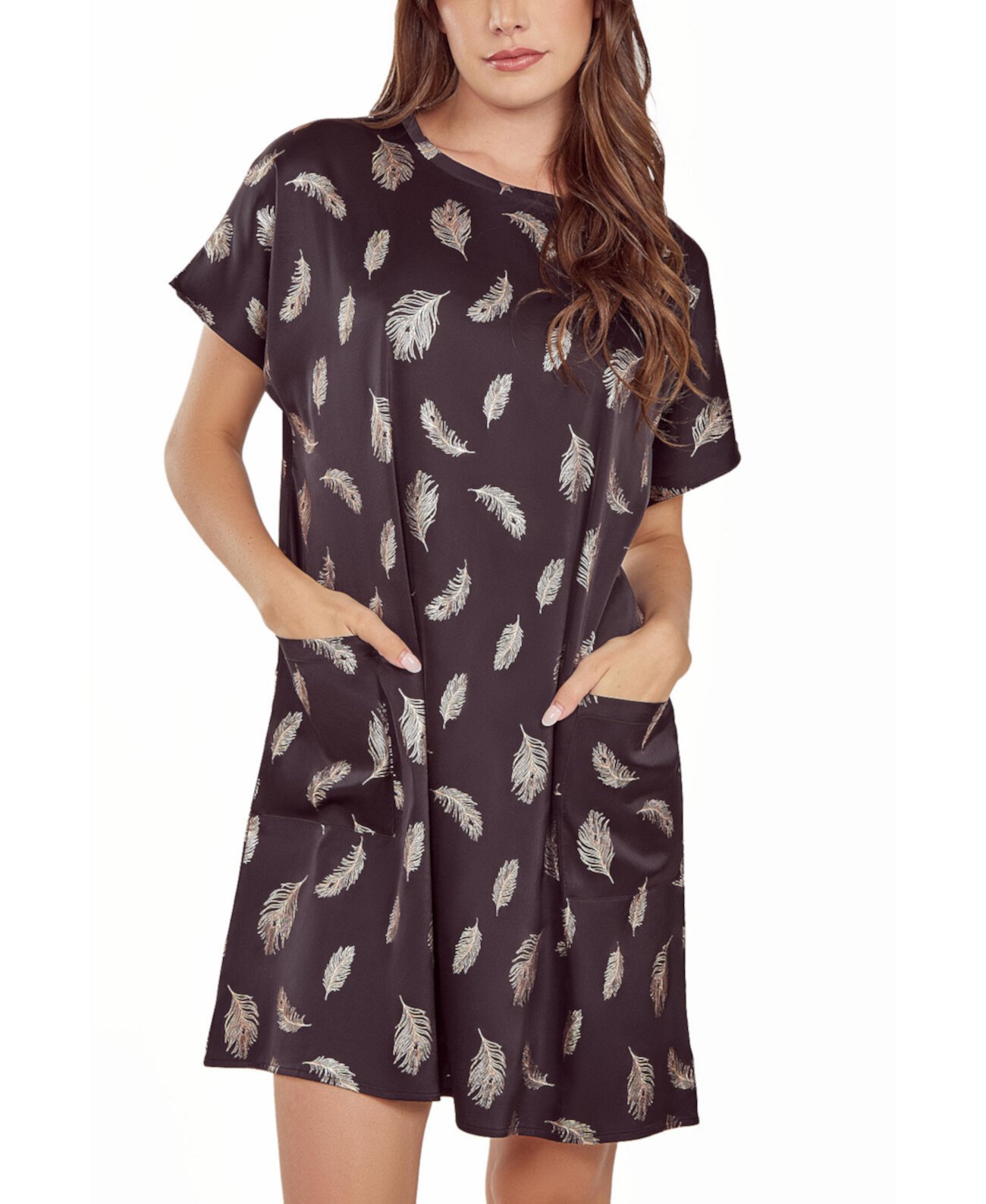 Women's Silky Pocket Shift Sleepshirt Nightgown in Feather Print ICollection