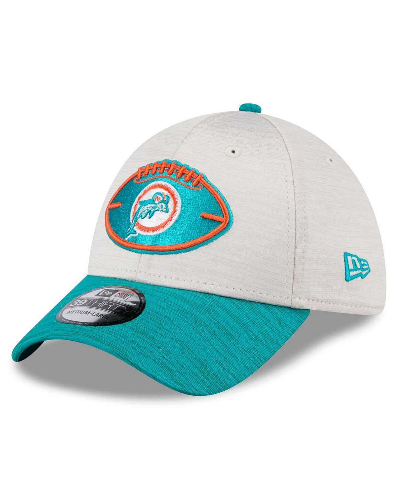 Бейсболка New Era Men's Stone/Aqua Miami Dolphins 2024 Sideline Historic 39THIRTY Flex Hat New Era