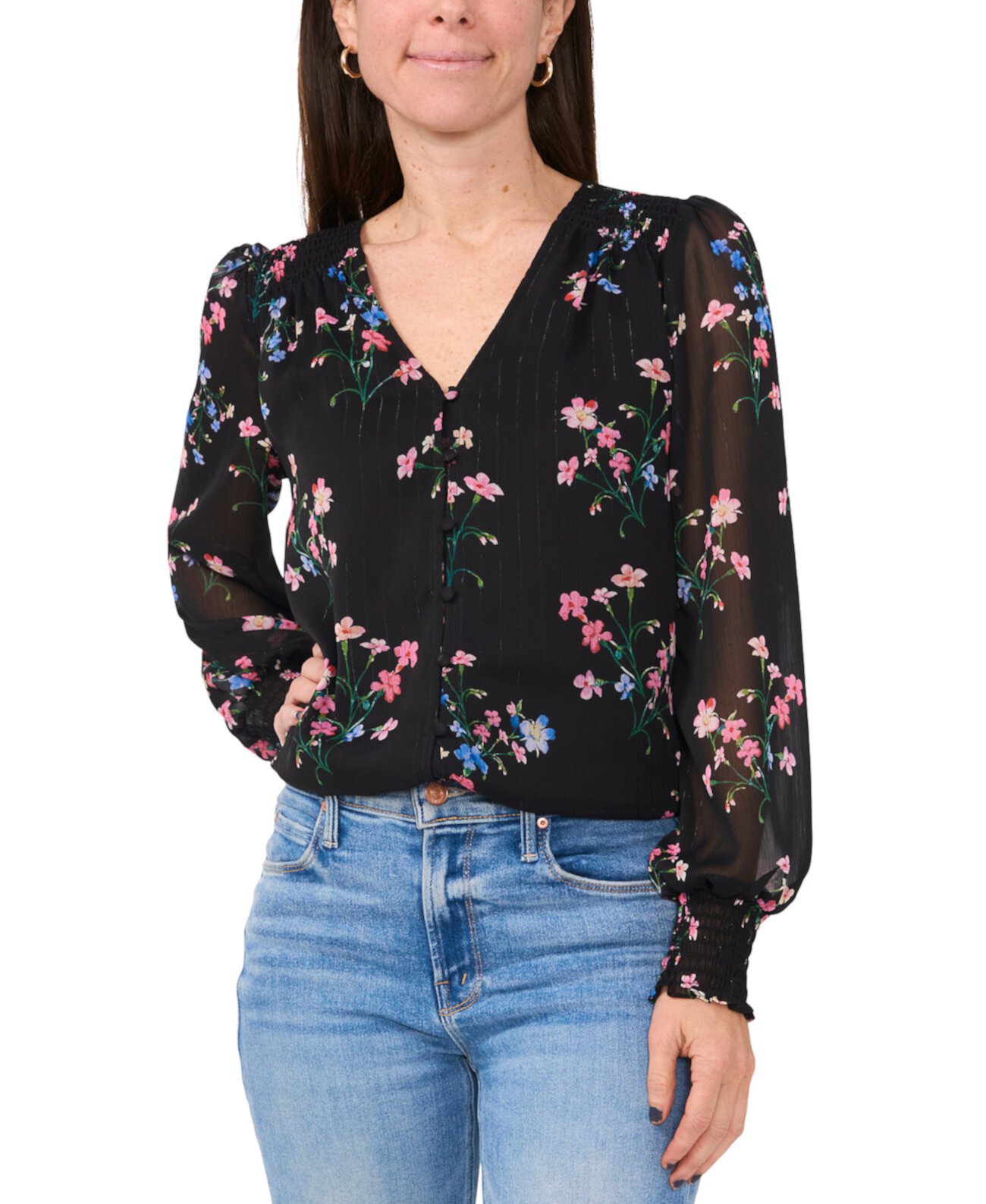 Женская Блузка Sam & Jess Petite Floral-Print Smocked Sheer-Sleeve Top Sam & Jess