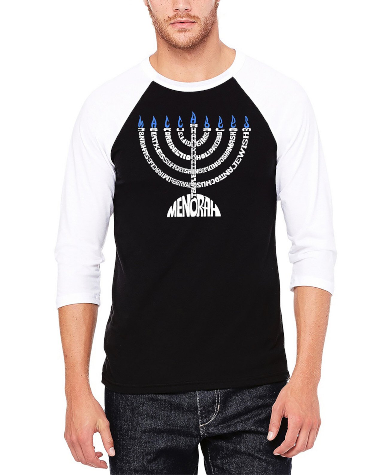 Мужская Футболка LA Pop Art Menorah Raglan Baseball Word Art LA Pop Art