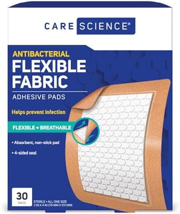 Care Science Fabric Adhesive Pad Bandages, 3x4 inches Extra Large Flexible Non-Stick Strip, Helps Prevent Infection, Breathable Protection, for First Aid & Wound Care, 30 Count Care Science