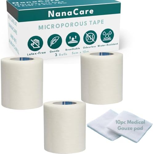 Paper Surgical Tape 2" x 11yd & 10pc Gauze pad | 3 Rolls Microporous Micropore Surgical Tape | Medical Tape for Skin, Dressings and Face | First Aid Tape Suitable for Sensitive Skin NanaCare