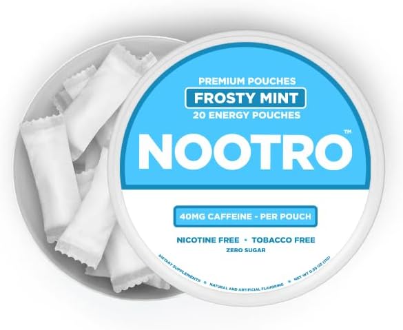 Nootro Energy Pouches | Caffeine Pouches | Nootropics | 40 mg Natural Caffeine | Vitamin B6 | Magnesium | Sugar Free | Nicotine Free | Tobacco Free | 20 Pouches Per Can | 1 Pack Nootro