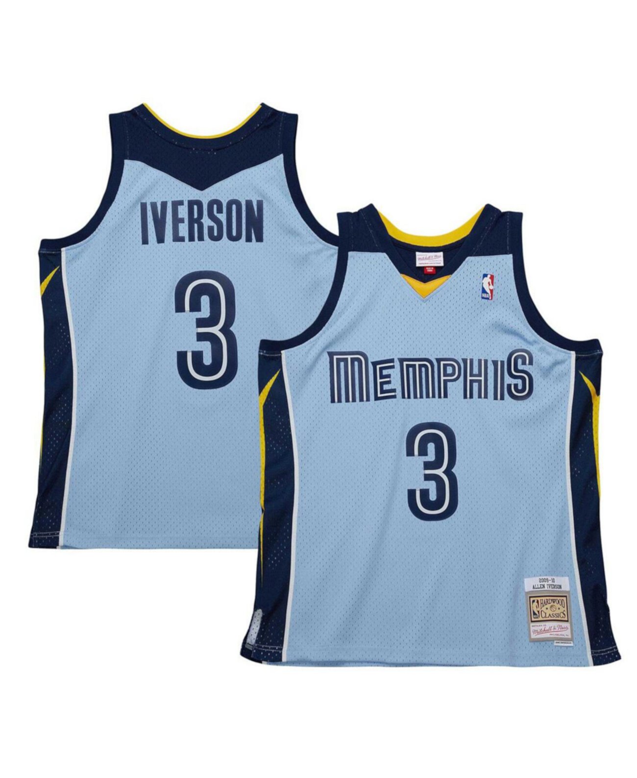 Мужское Джерси Mitchell & Ness Allen Iverson Светло-Голубое Memphis Grizzlies 2009/10 Hardwood Classics Mitchell & Ness