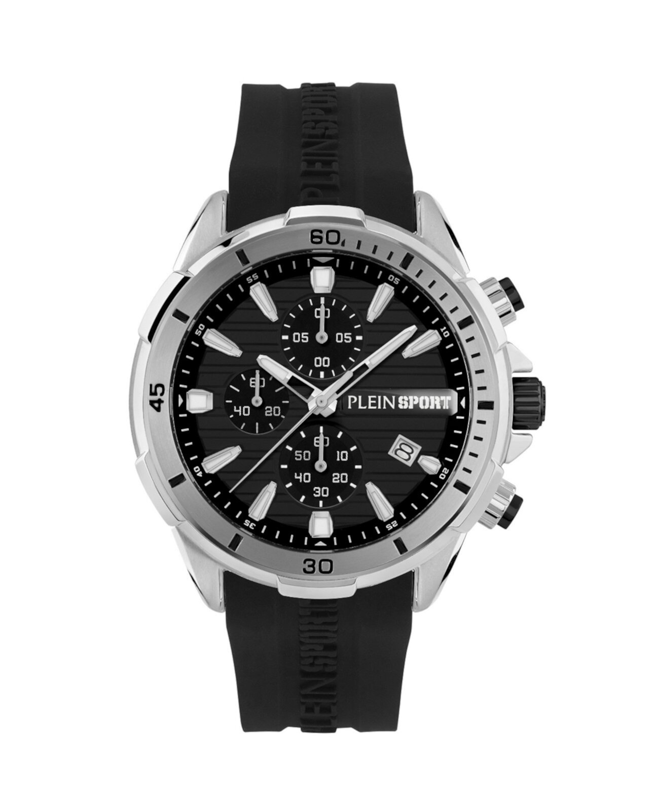 Кварцевые часы Plein Sport Men's Impact Chronograph Date Quartz 46mm с черным силиконовым ремешком Plein Sport