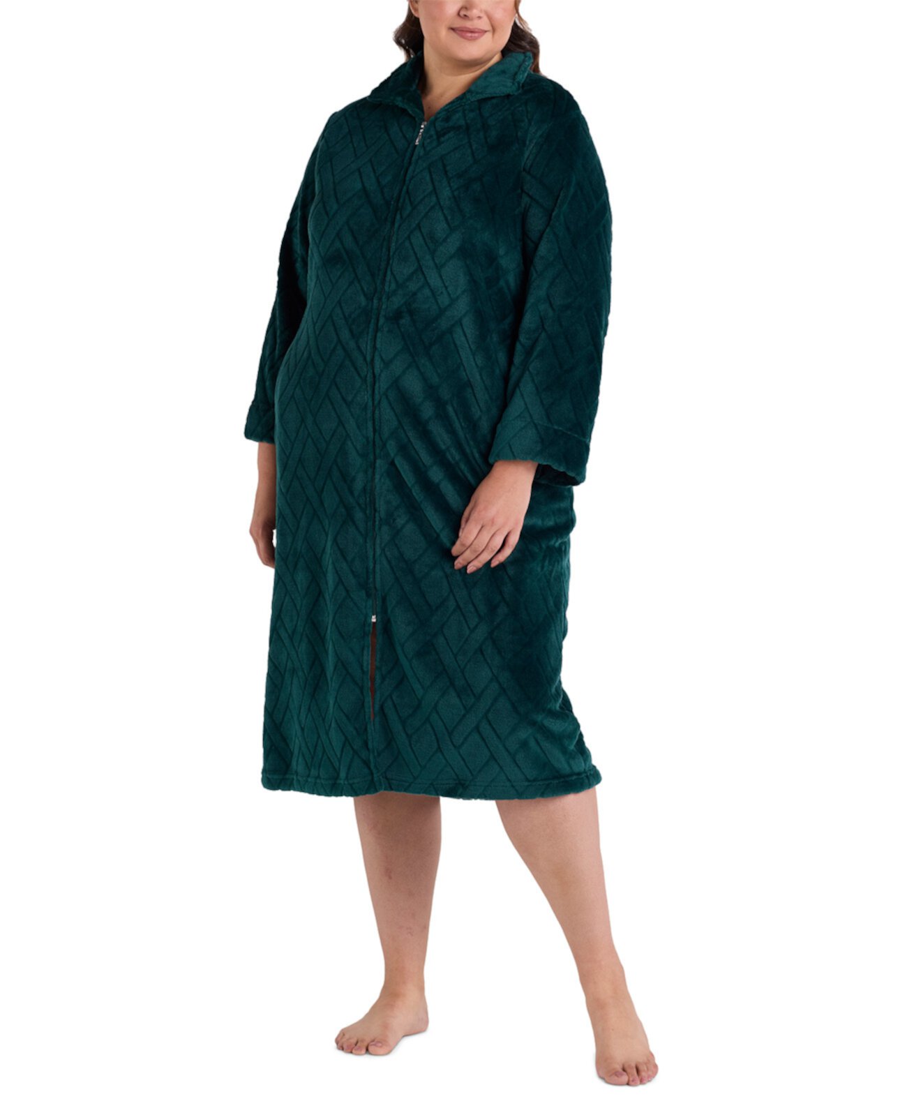 Plus Size Textured Fleece Zip-Front Robe Miss Elaine