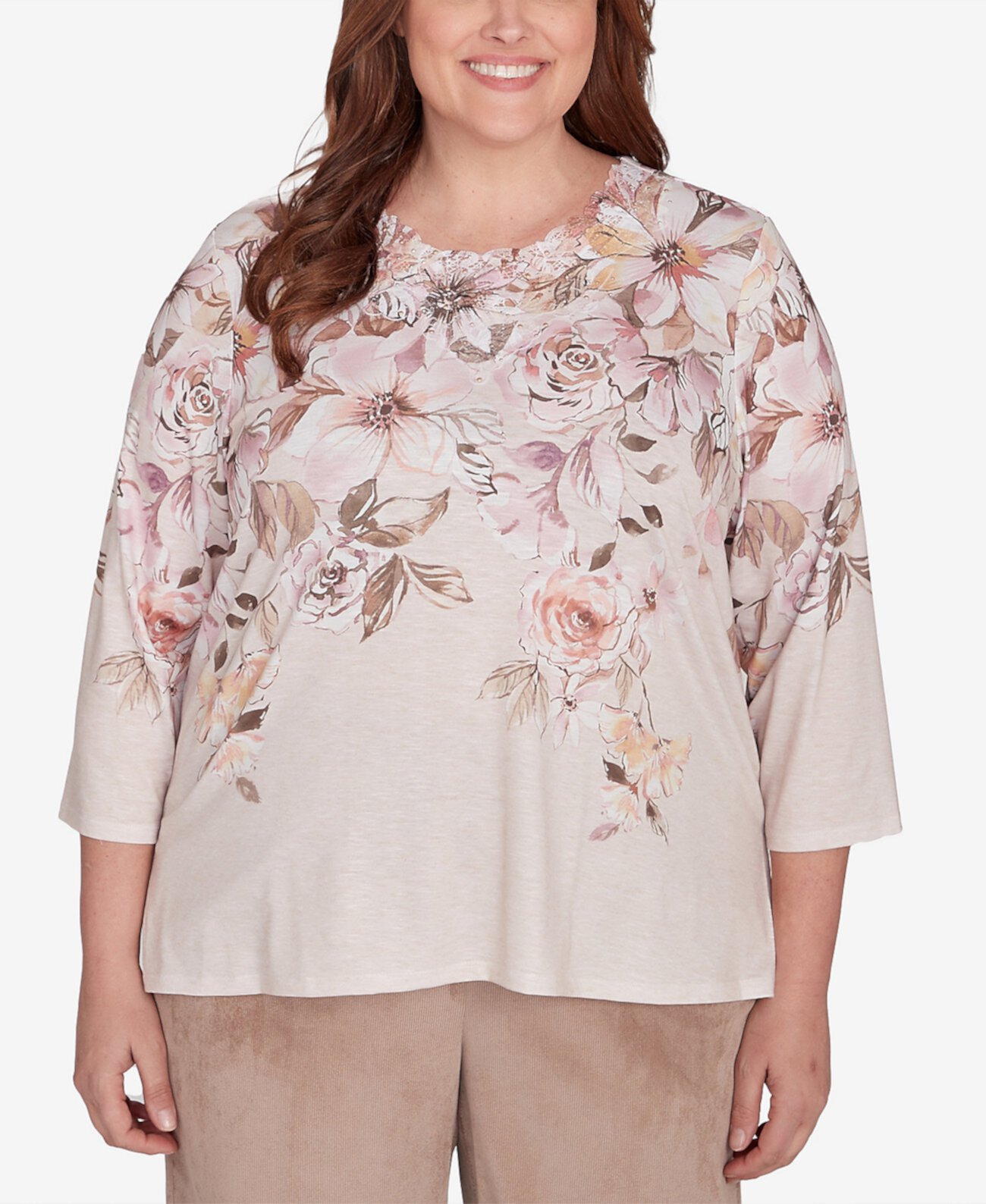 Женская Футболка Alfred Dunner Plus Size Telluride Falling Floral Lace Crew Neck Alfred Dunner