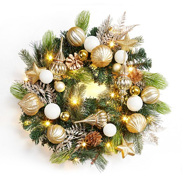 Christmas Wreath for Front Door, 24 Inch, with Gold White Ball Ornaments Pine Cones, 20 LED Lights GARVEE