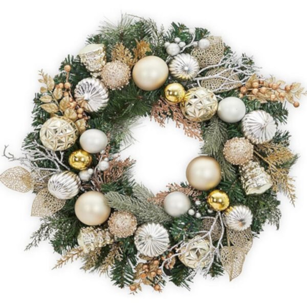 24" Pre-Lit Christmas Wreath with Balls Ornaments for Fireplace Door Decoration GARVEE