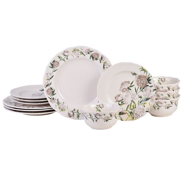 222 Fifth Luxe Peony Neutral Porcelain 12-piece Dinnerware Set 222 Fifth