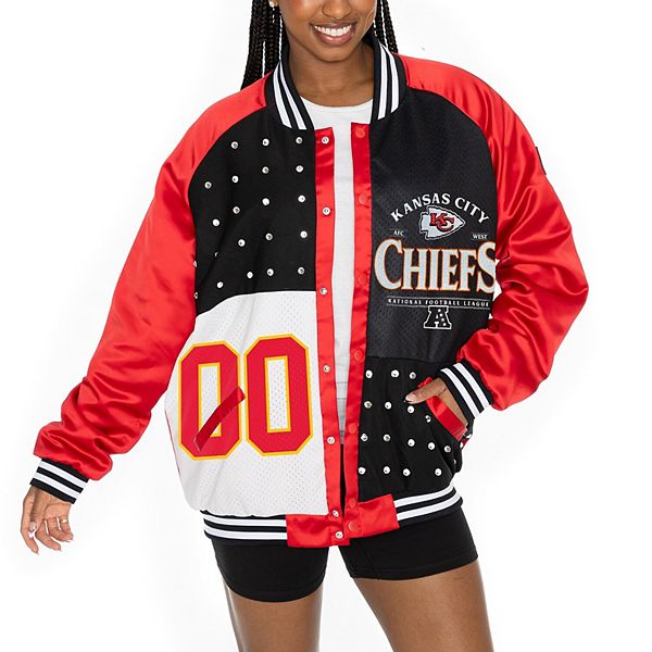 Женская Повседневная куртка Gameday Couture Красно-черная Kansas City Chiefs Oversized Hot Shot Rhinestone Throwback Full-Snap Varsity Bomber Jacket Gameday Couture