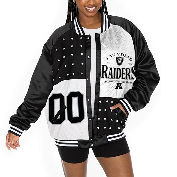 Женская Повседневная куртка Gameday Couture Черно-белая Las Vegas Raiders Oversized Hot Shot Rhinestone Throwback Full-Snap Varsity Bomber Jacket Gameday Couture