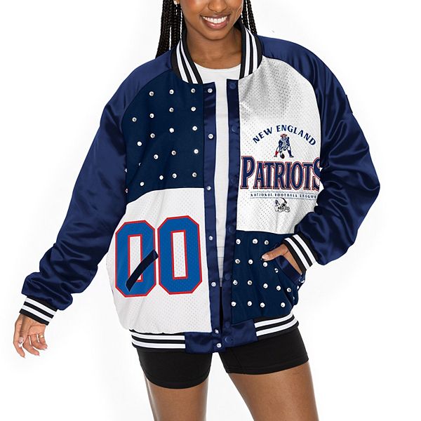 Женская Повседневная куртка Gameday Couture Синяя/Белая New England Patriots Oversized Hot Shot Rhinestone Throwback Full-Snap Varsity Bomber Jacket Gameday Couture