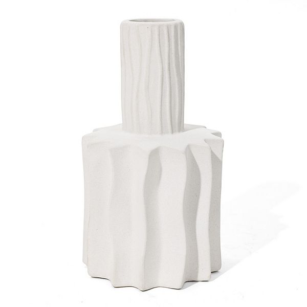 LuxenHome White Fluted 11.8-inch Tall Stoneware Table Vase Luxen Home