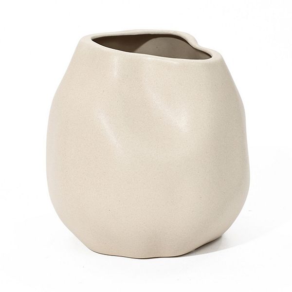 LuxenHome Ivory White Ceramic Modern Round Vase Luxen Home