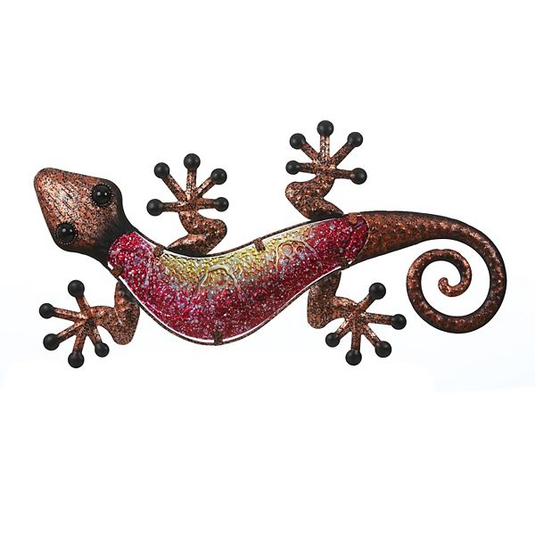 LuxenHome 24-inch Pink Gecko Lizard Metal And Glass Outdoor Wall Decor Luxen Home