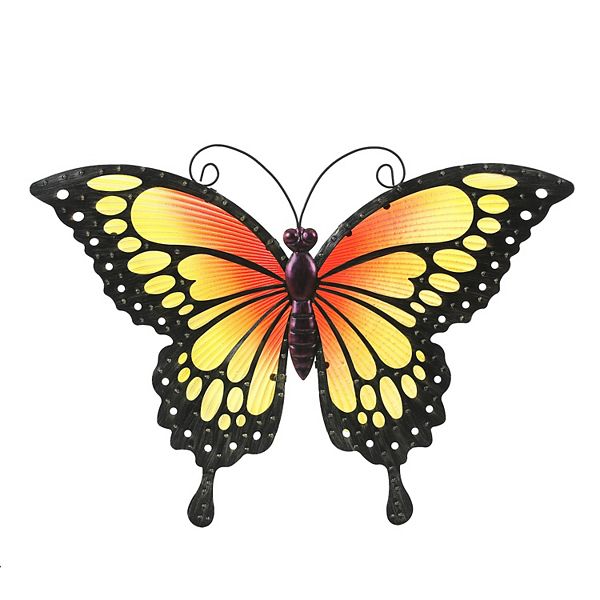 LuxenHome Orange and Yellow Butterfly Metal And Glass Outdoor Wall Decor Luxen Home