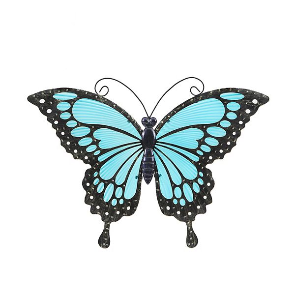 LuxenHome Blue Butterfly Glass And Metal Outdoor Wall Decor Luxen Home