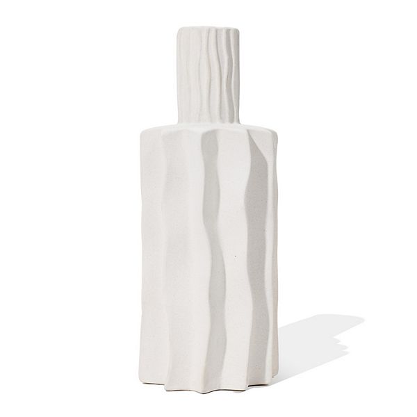 LuxenHome White Fluted 15-inch Tall Stoneware Table Vase Luxen Home